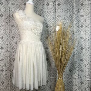 American Rag Cream One Shoulder Lace Tulle Dress Floral Applique Fit & Flare XS